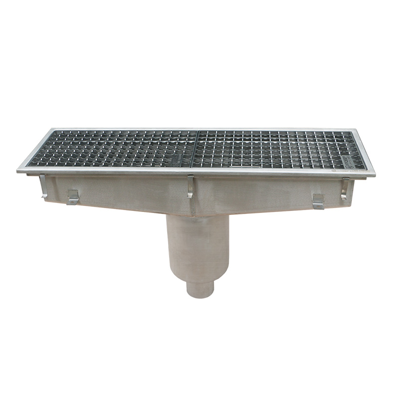 Canal de scurgere chimic inoxidabil modular cu grilaj de plasă anti-alunecare și scurgere verticală în pardoseală